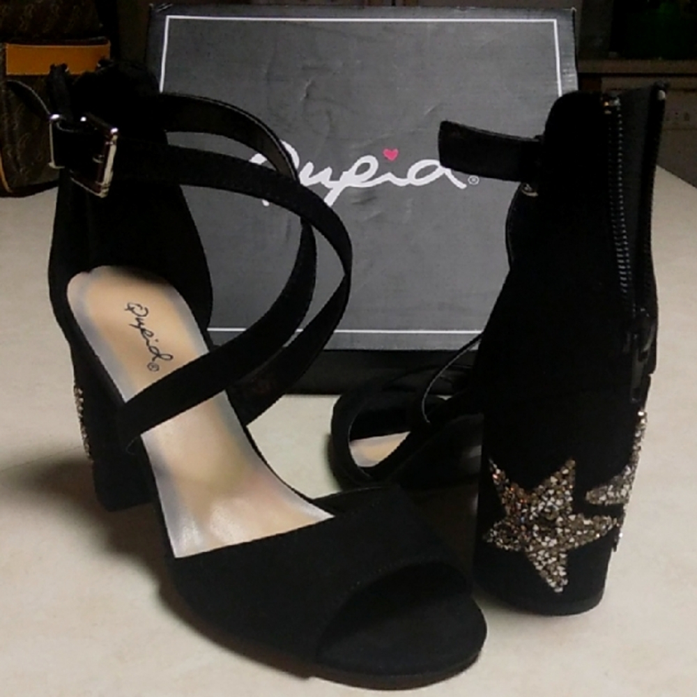 Black Chunky Block Heels with Sequined Star Design